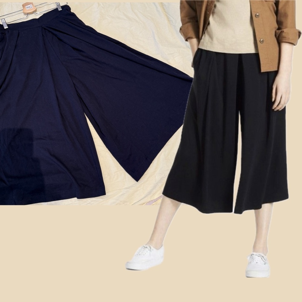 Uniqlo Navy Blue Wide-Leg Cropped Pants, Soft Crepe Jersey, US28, Capri Style